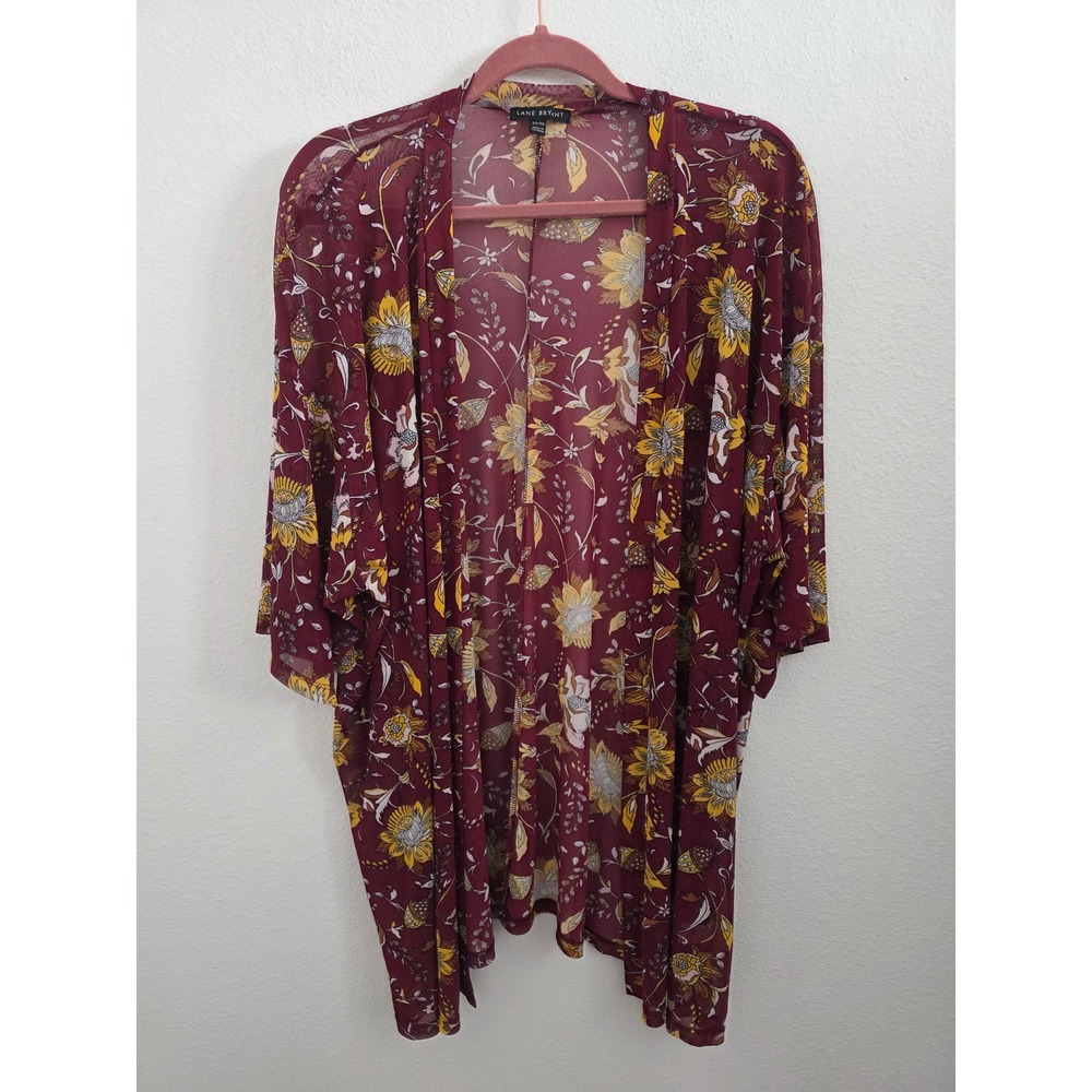 Lane Bryant Womens Plus 22/24 Burgundy Floral Mesh Kimono Open Front Cardigan